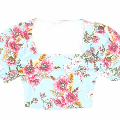 Fashion Nova Womens Blue Floral Polyester Cropped Blouse Size M Square Neck