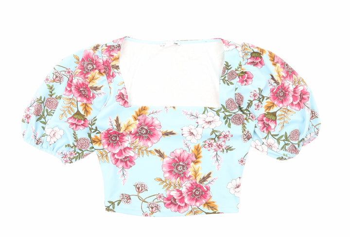 Fashion Nova Womens Blue Floral Polyester Cropped Blouse Size M Square Neck