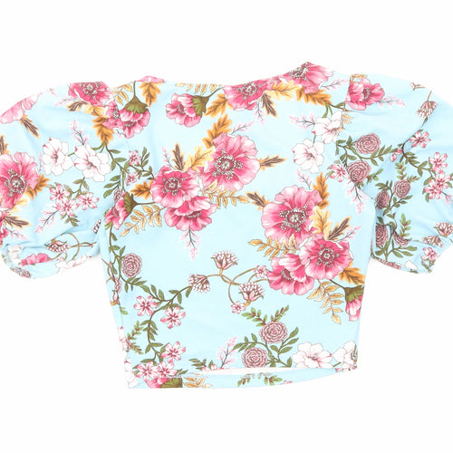 Fashion Nova Womens Blue Floral Polyester Cropped Blouse Size M Square Neck