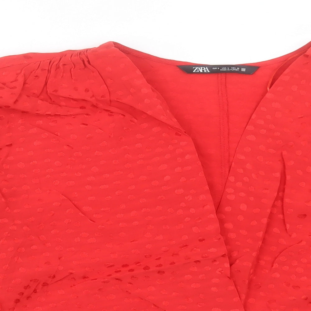 Zara Womens Red Polka Dot Viscose Cropped Blouse Size L V-Neck