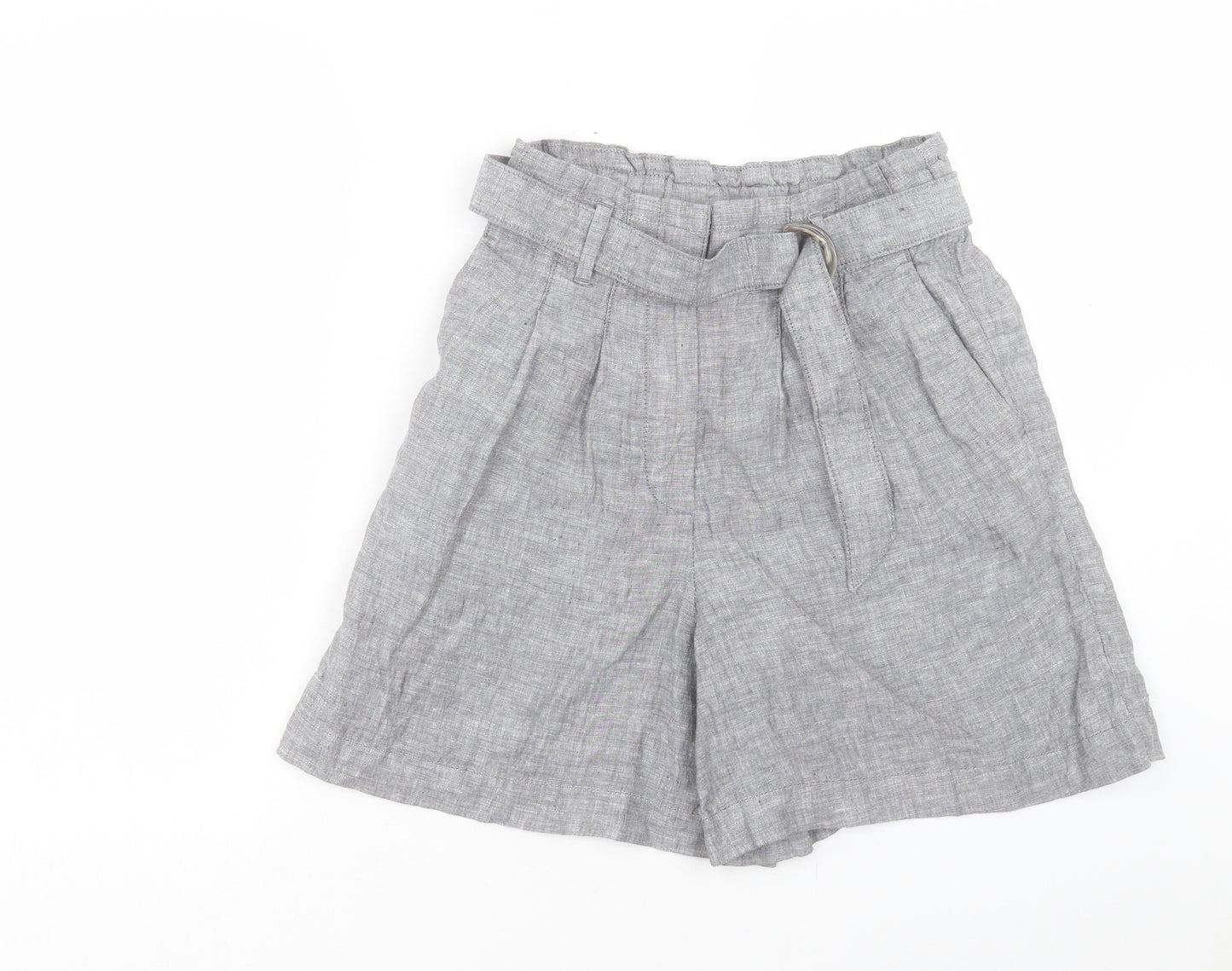 Marks and Spencer Womens Grey Linen Paperbag Shorts Size 10 Regular Hook & Eye