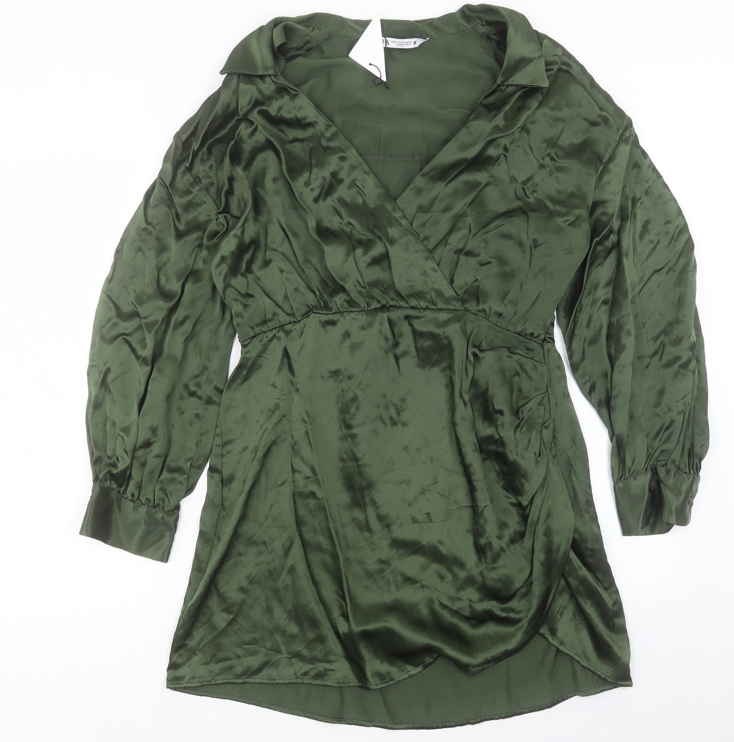 Zara Womens Green Viscose Shirt Dress Size XL Collared Zip