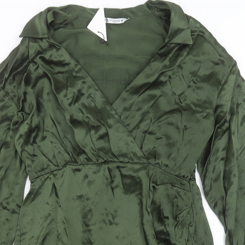 Zara Womens Green Viscose Shirt Dress Size XL Collared Zip