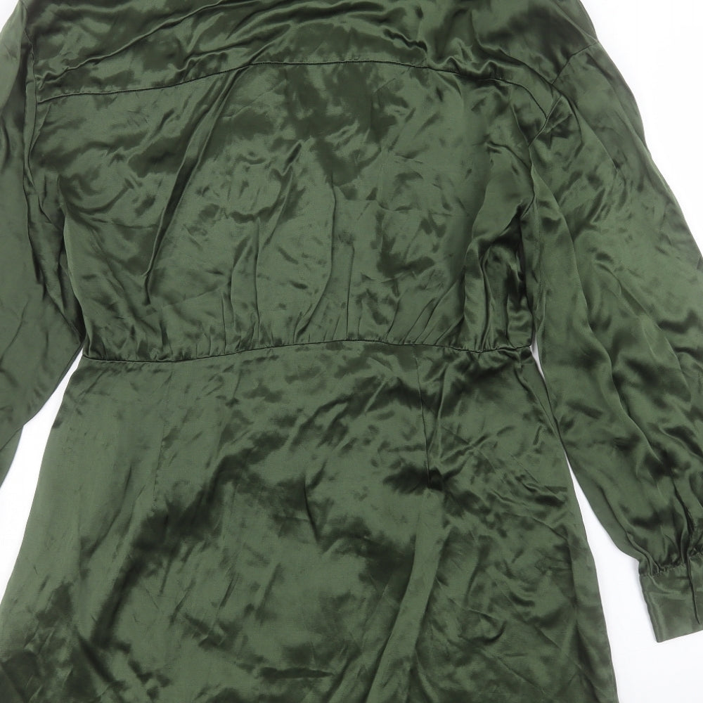 Zara Womens Green Viscose Shirt Dress Size XL Collared Zip