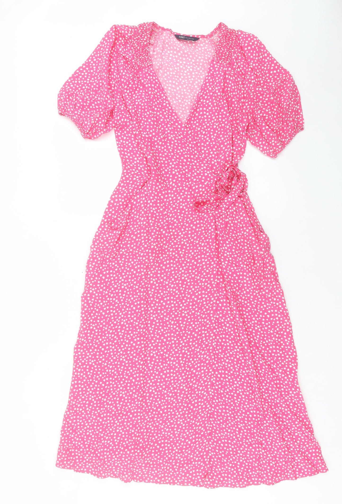 Marks and Spencer Womens Pink Geometric Viscose Wrap Dress Size 10 V-Neck Button