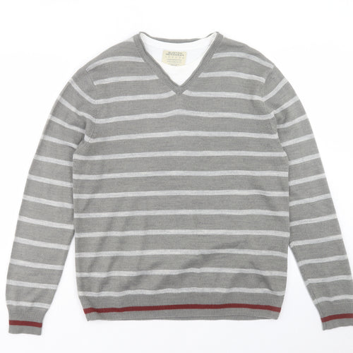 Burton Mens Grey V-Neck Striped Acrylic Pullover Jumper Size M