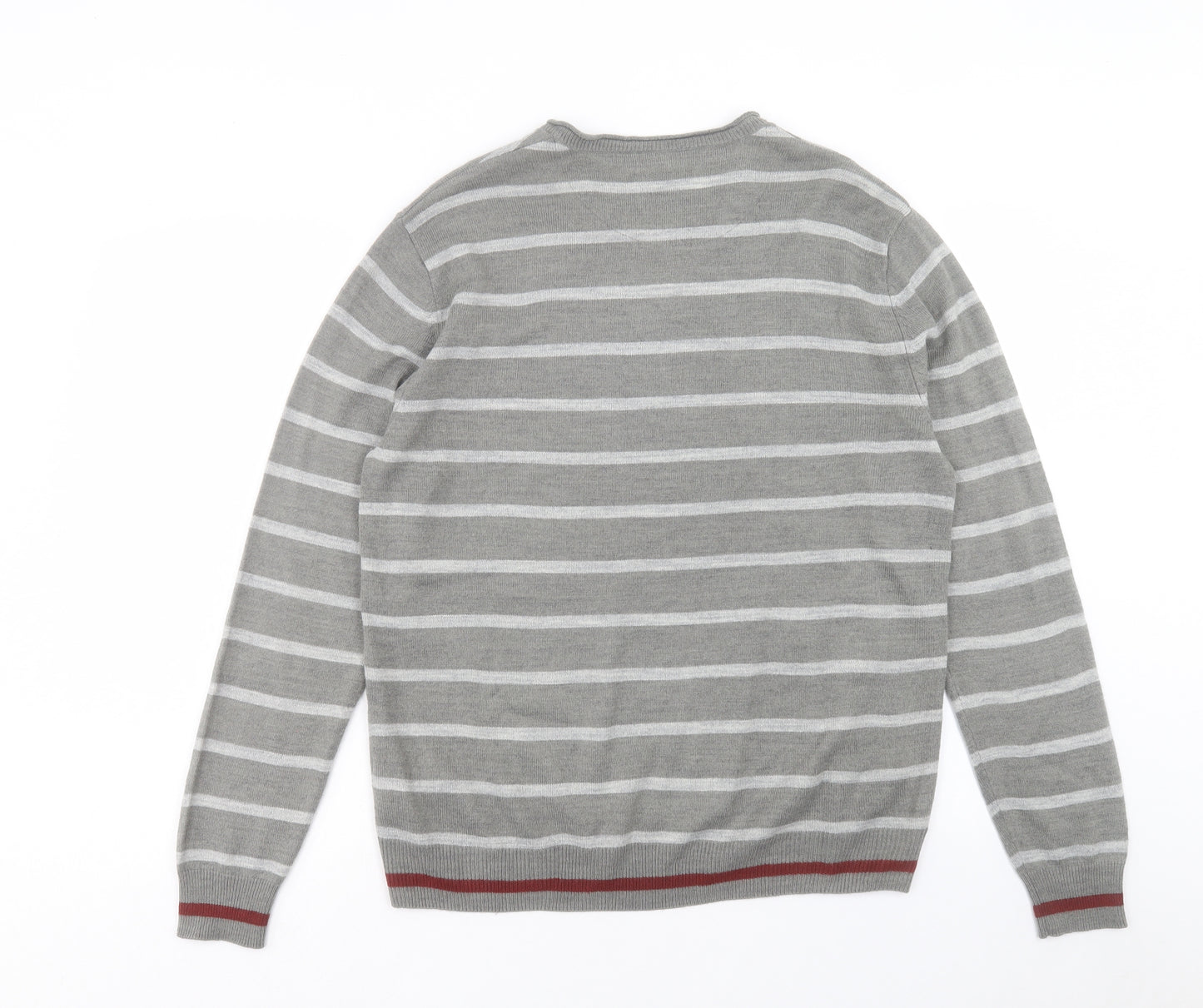 Burton Mens Grey V-Neck Striped Acrylic Pullover Jumper Size M