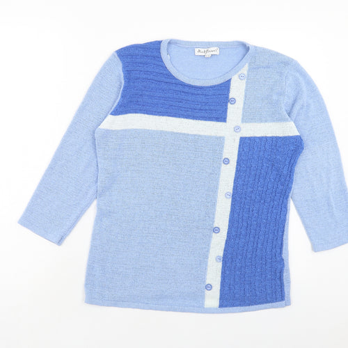 Mudflower Womens Blue Round Neck Geometric Acrylic Pullover Jumper Size S