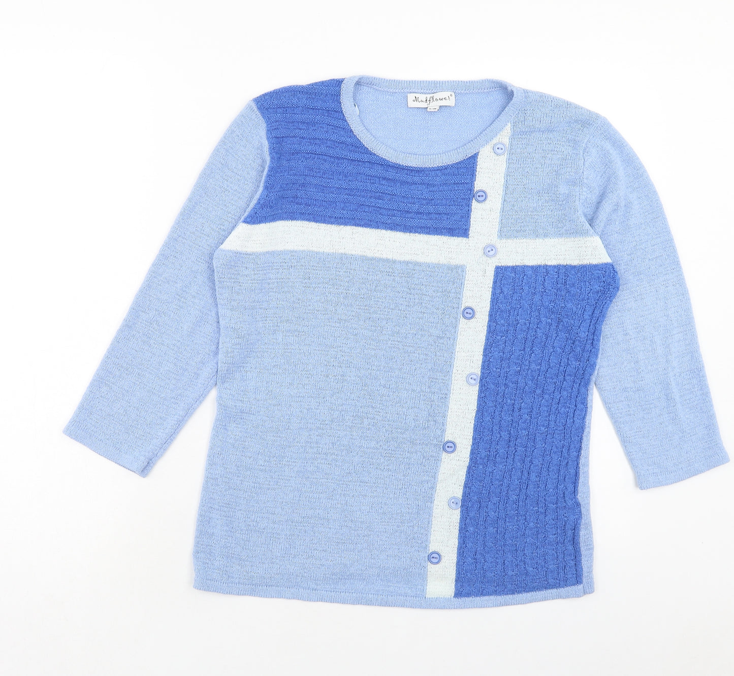 Mudflower Womens Blue Round Neck Geometric Acrylic Pullover Jumper Size S