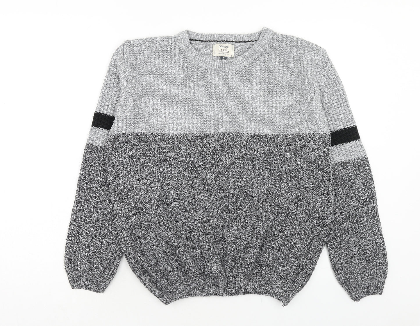 George Womens Grey Round Neck Striped Acrylic Pullover Jumper Size S