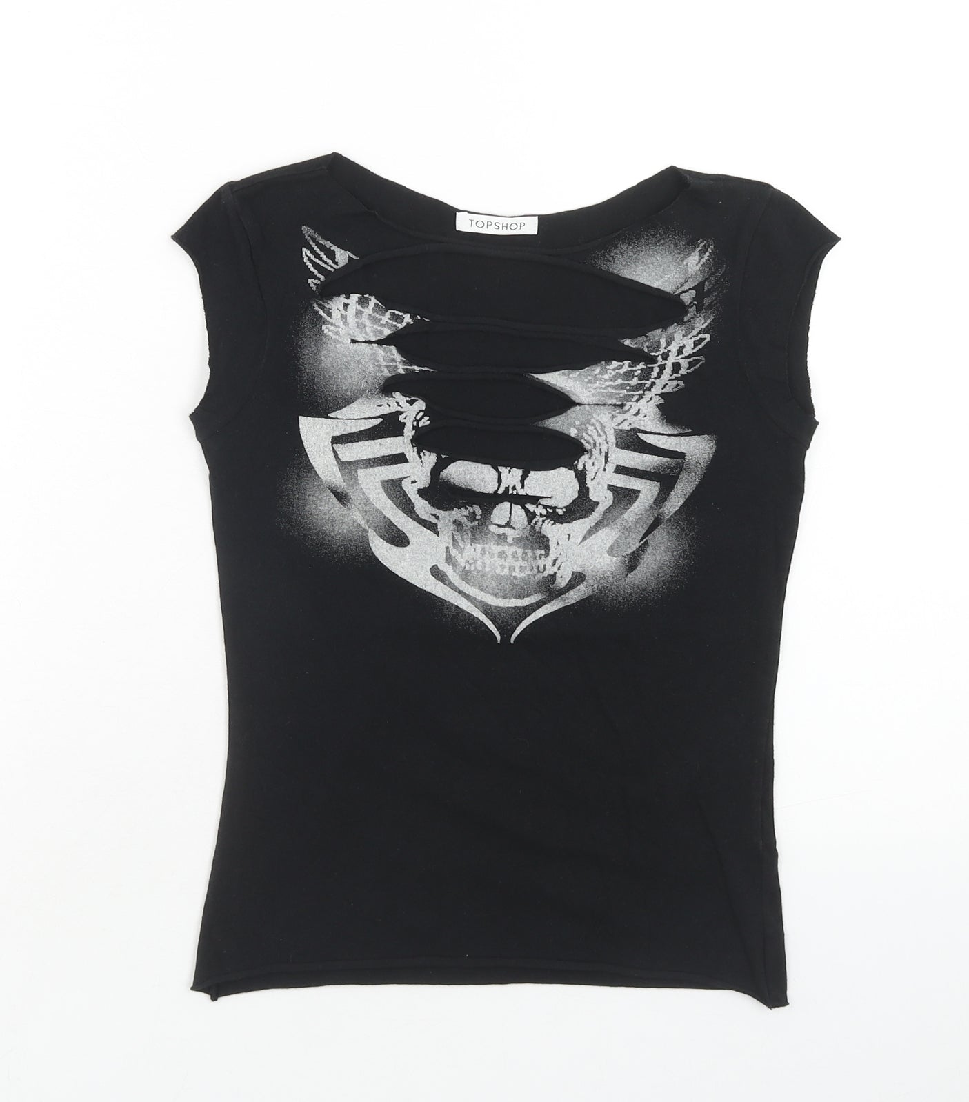 Topshop Womens Black Cotton Basic T-Shirt Size 8 Boat Neck - Distressed Skull