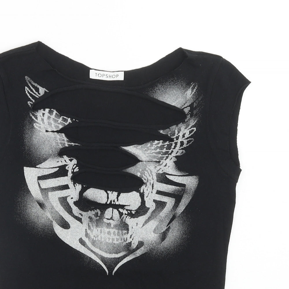 Topshop Womens Black Cotton Basic T-Shirt Size 8 Boat Neck - Distressed Skull