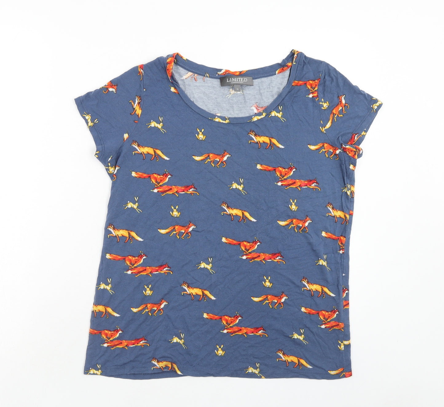 Marks and Spencer Womens Blue Geometric Viscose Basic T-Shirt Size 10 Round Neck - Fox print