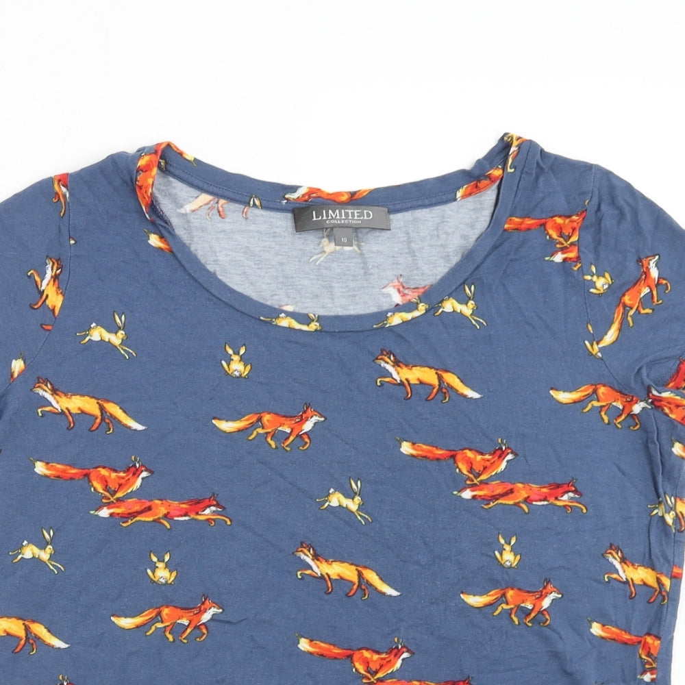 Marks and Spencer Womens Blue Geometric Viscose Basic T-Shirt Size 10 Round Neck - Fox print