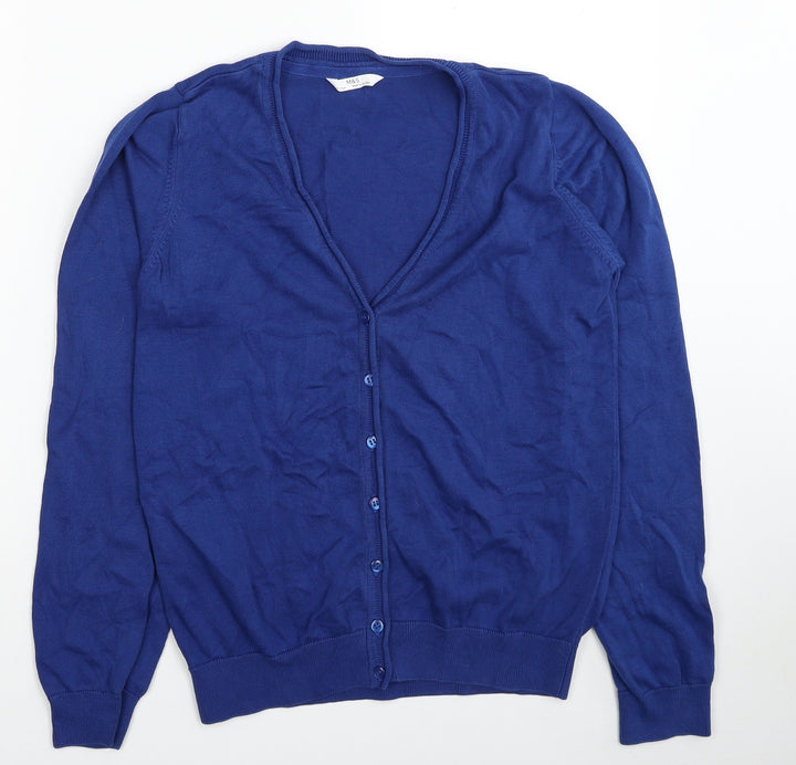 Marks and Spencer Boys Blue V-Neck Cotton Cardigan Jumper Size 13-14 Years Button