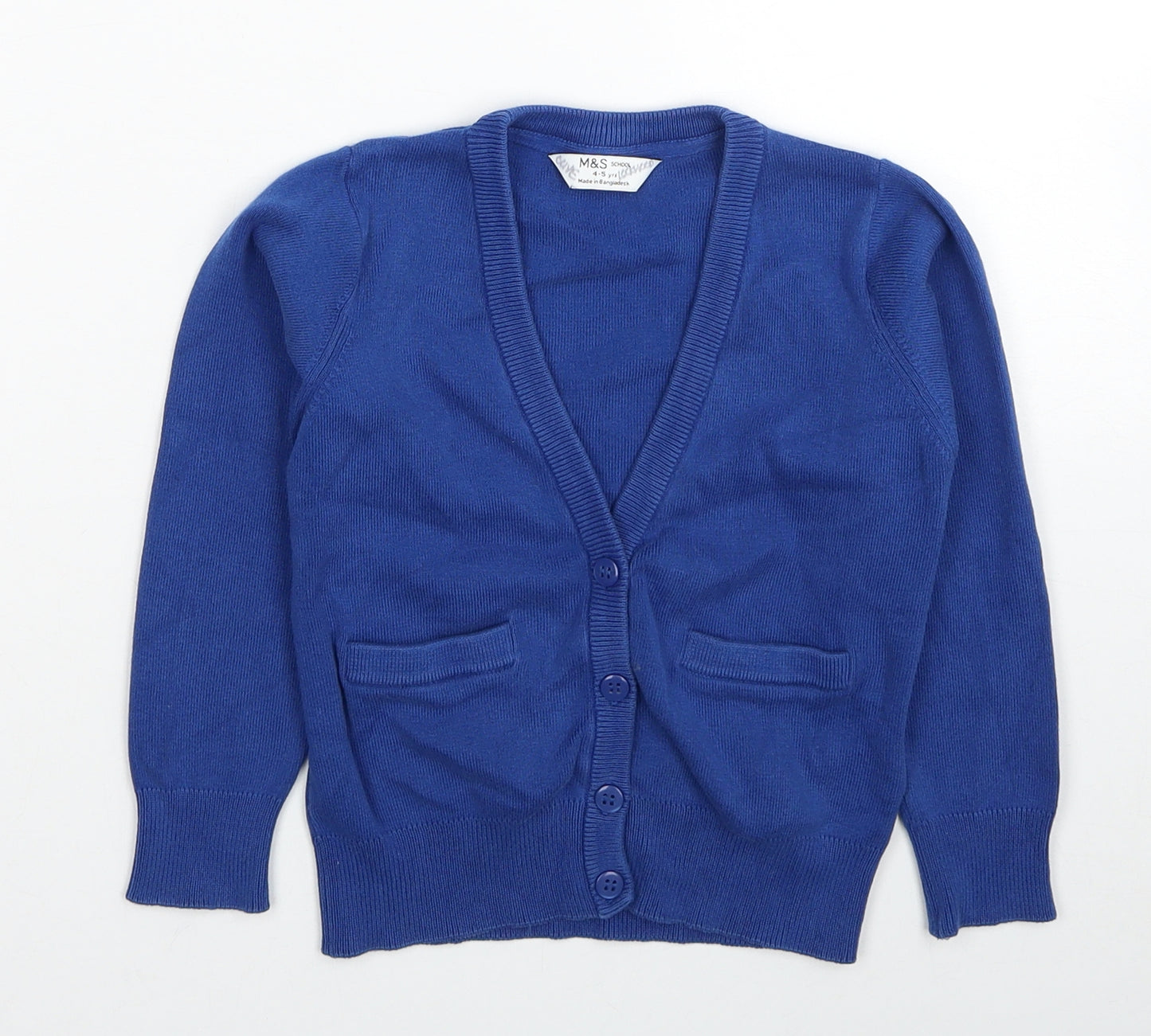 Marks and Spencer Boys Blue V-Neck Cotton Cardigan Jumper Size 4-5 Years Button