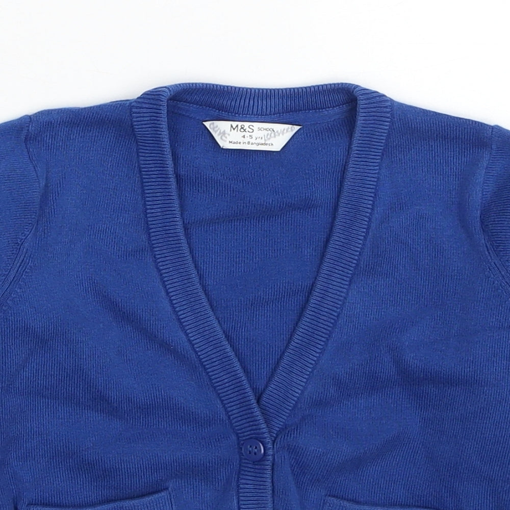 Marks and Spencer Boys Blue V-Neck Cotton Cardigan Jumper Size 4-5 Years Button