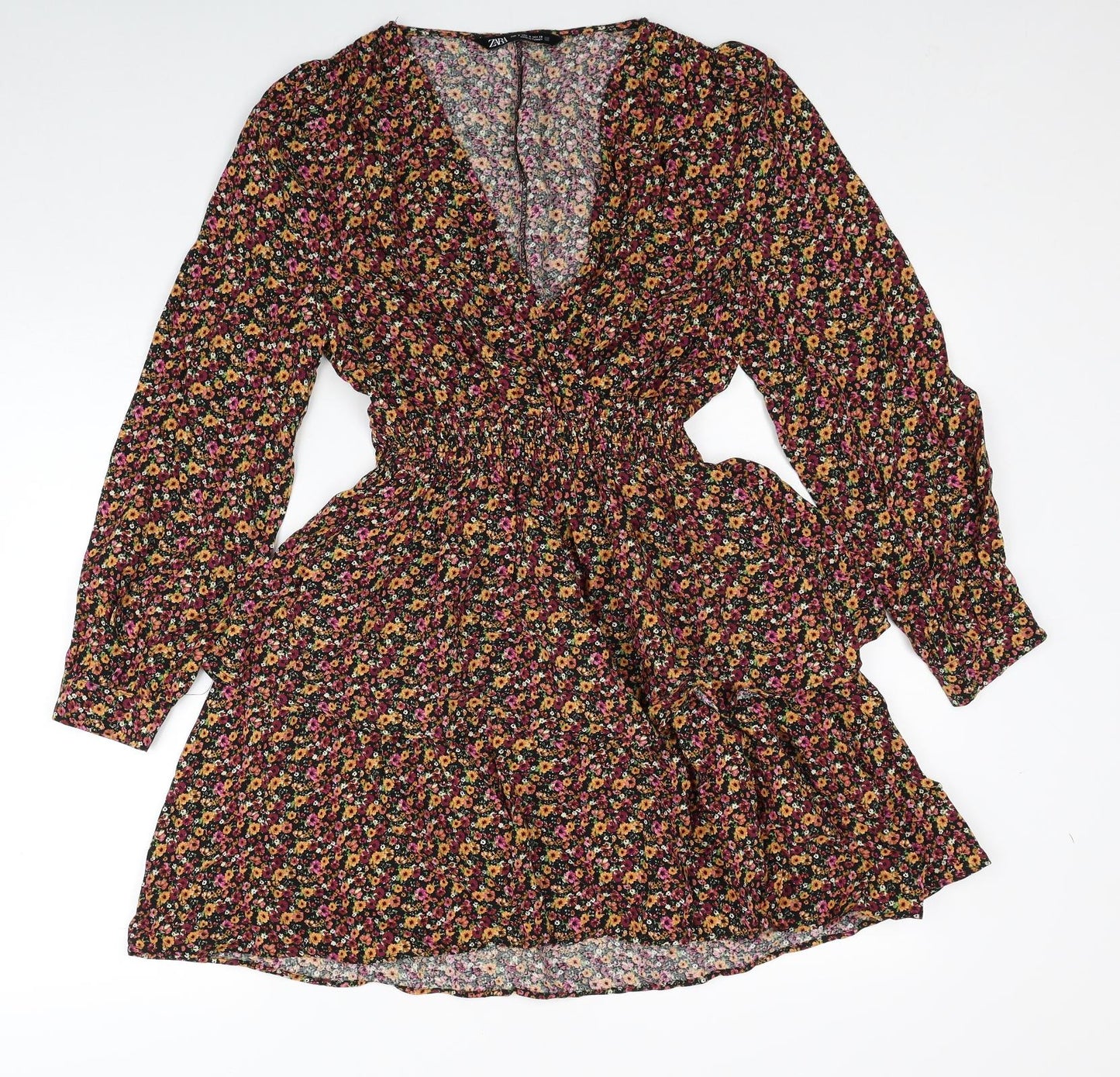 Zara Womens Multicoloured Floral Viscose Fit & Flare Size S V-Neck Pullover