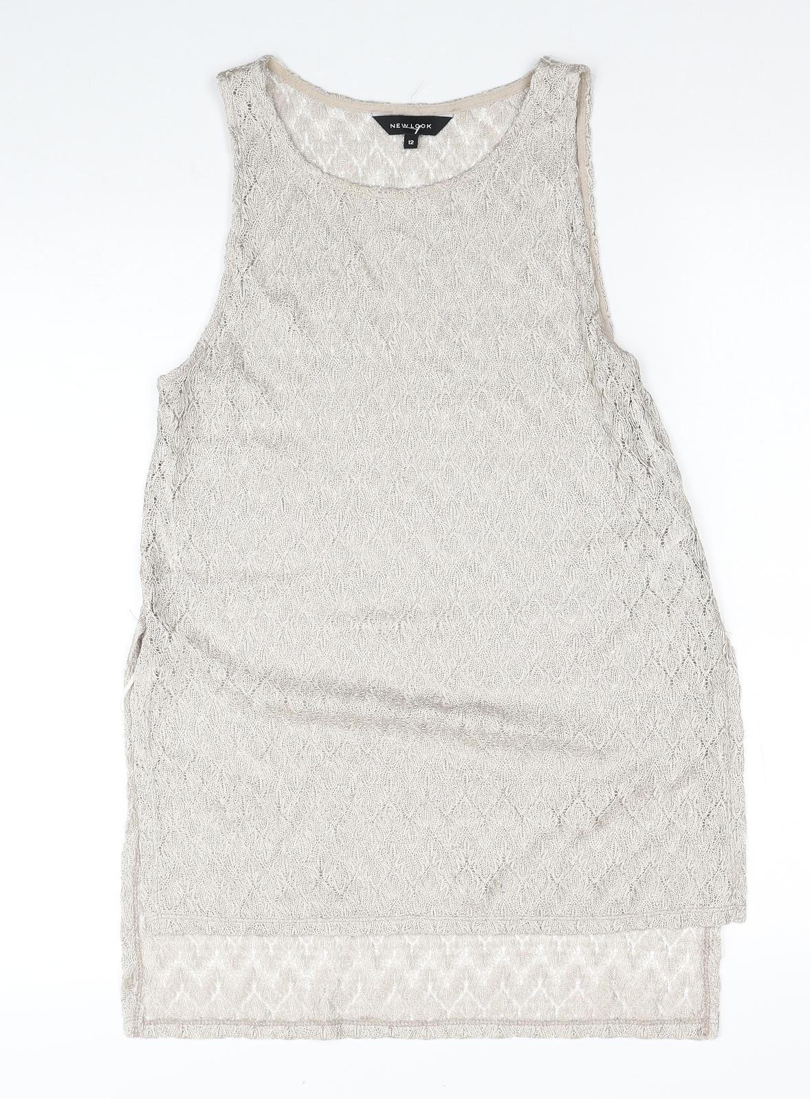 New Look Womens Beige Geometric Polyester Basic Tank Size 12 Round Neck