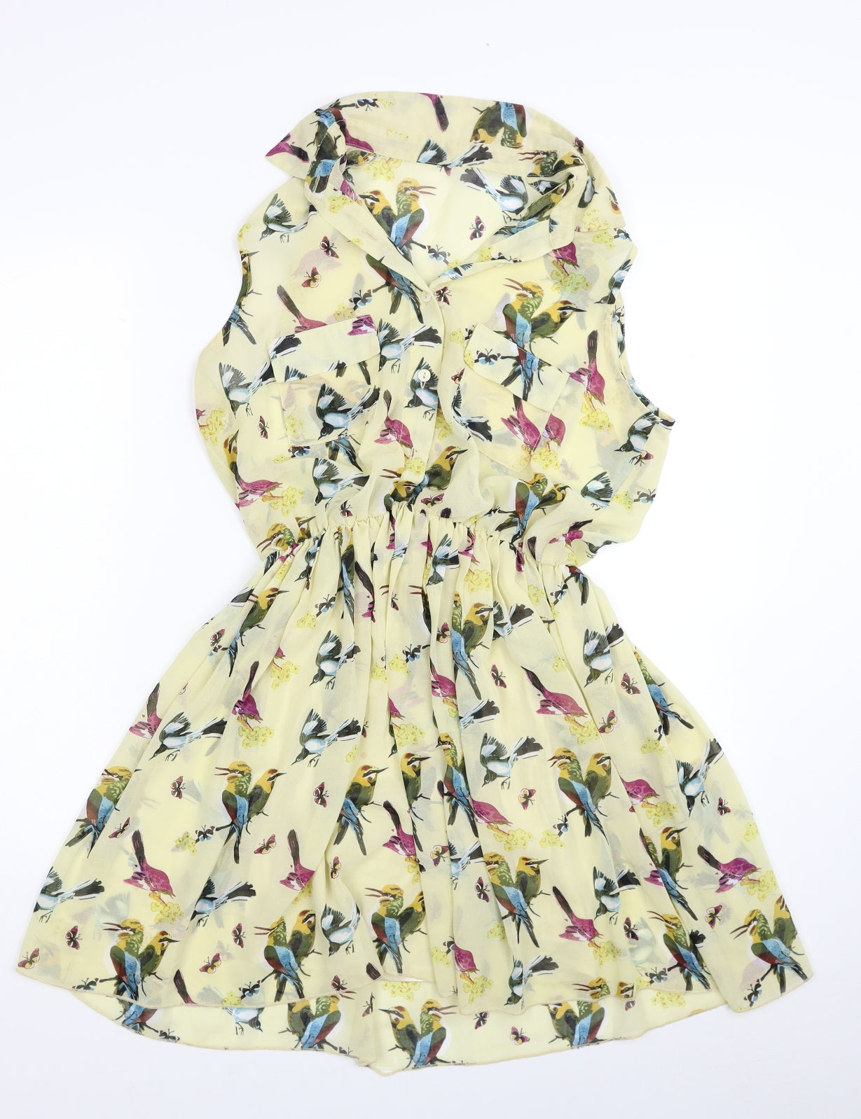 New Look Womens Yellow Floral Polyester Fit & Flare Size 12 Collared Button - Bird Print