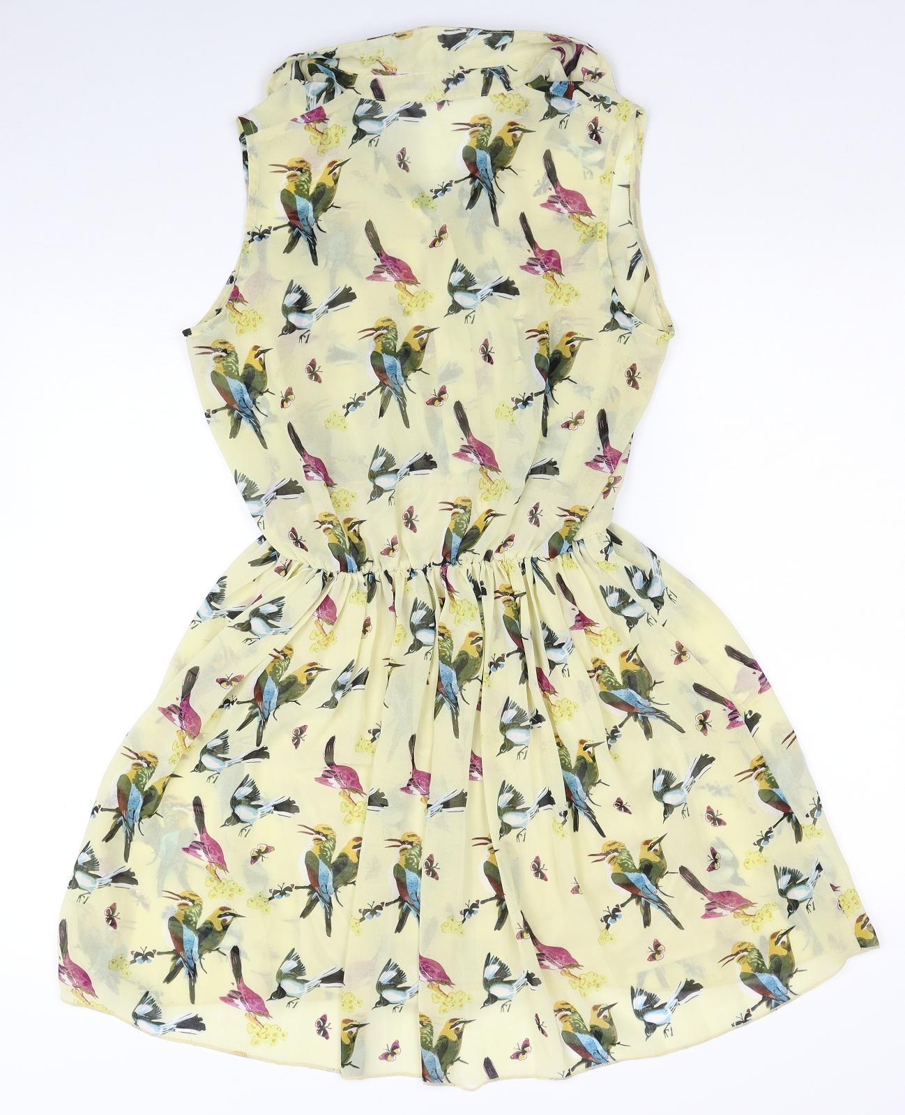 New Look Womens Yellow Floral Polyester Fit & Flare Size 12 Collared Button - Bird Print