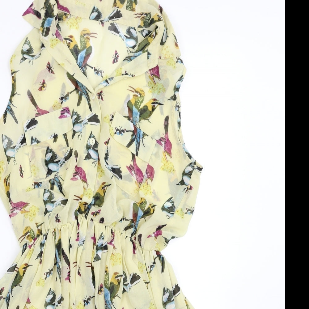 New Look Womens Yellow Floral Polyester Fit & Flare Size 12 Collared Button - Bird Print