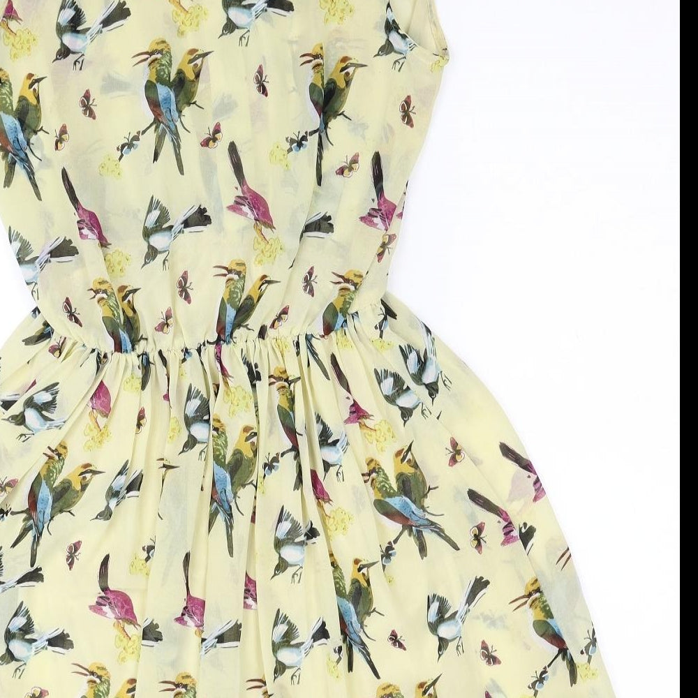 New Look Womens Yellow Floral Polyester Fit & Flare Size 12 Collared Button - Bird Print
