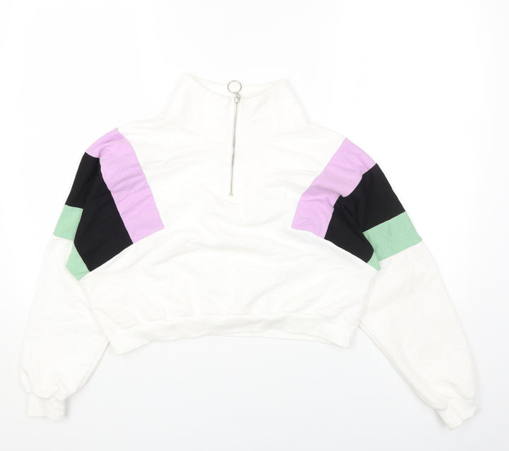 Preworn Womens White Colourblock Cotton Pullover Sweatshirt Size M Zip - Cropped