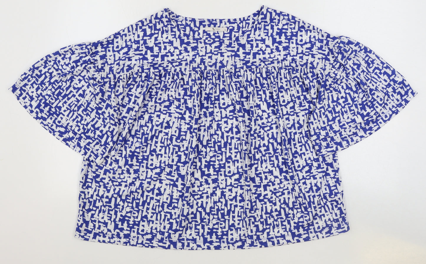 TU Womens Blue Geometric Polyester Basic T-Shirt Size 12 Round Neck