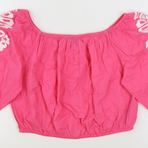 Marks and Spencer Womens Pink 100% Cotton Cropped T-Shirt Size 16 Off the Shoulder - Flower Details