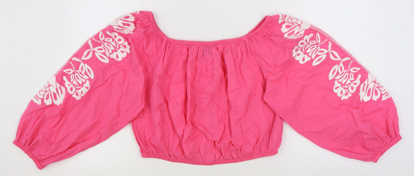 Marks and Spencer Womens Pink 100% Cotton Cropped T-Shirt Size 16 Off the Shoulder - Flower Details