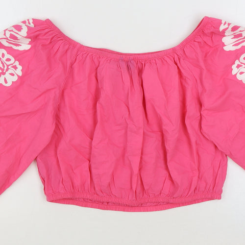 Marks and Spencer Womens Pink 100% Cotton Cropped T-Shirt Size 16 Off the Shoulder - Flower Details