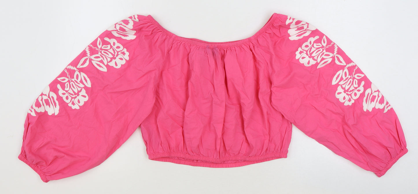 Marks and Spencer Womens Pink 100% Cotton Cropped T-Shirt Size 16 Off the Shoulder - Flower Details