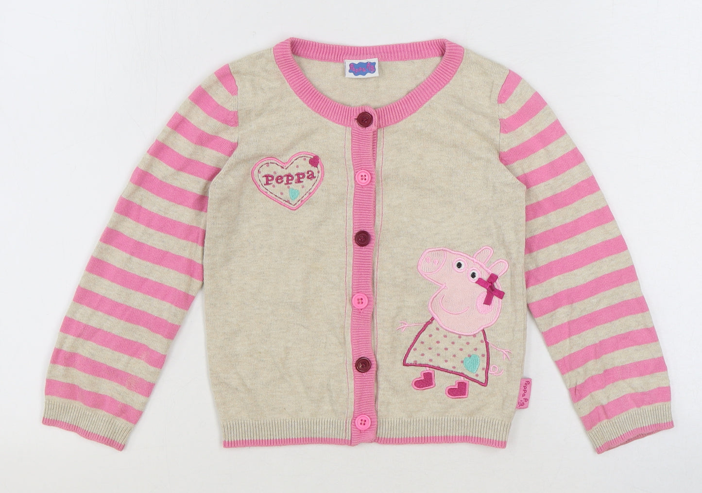 Nutmeg Girls Beige Round Neck Striped 100% Cotton Cardigan Jumper Size 5-6 Years Button - Peppa Pig