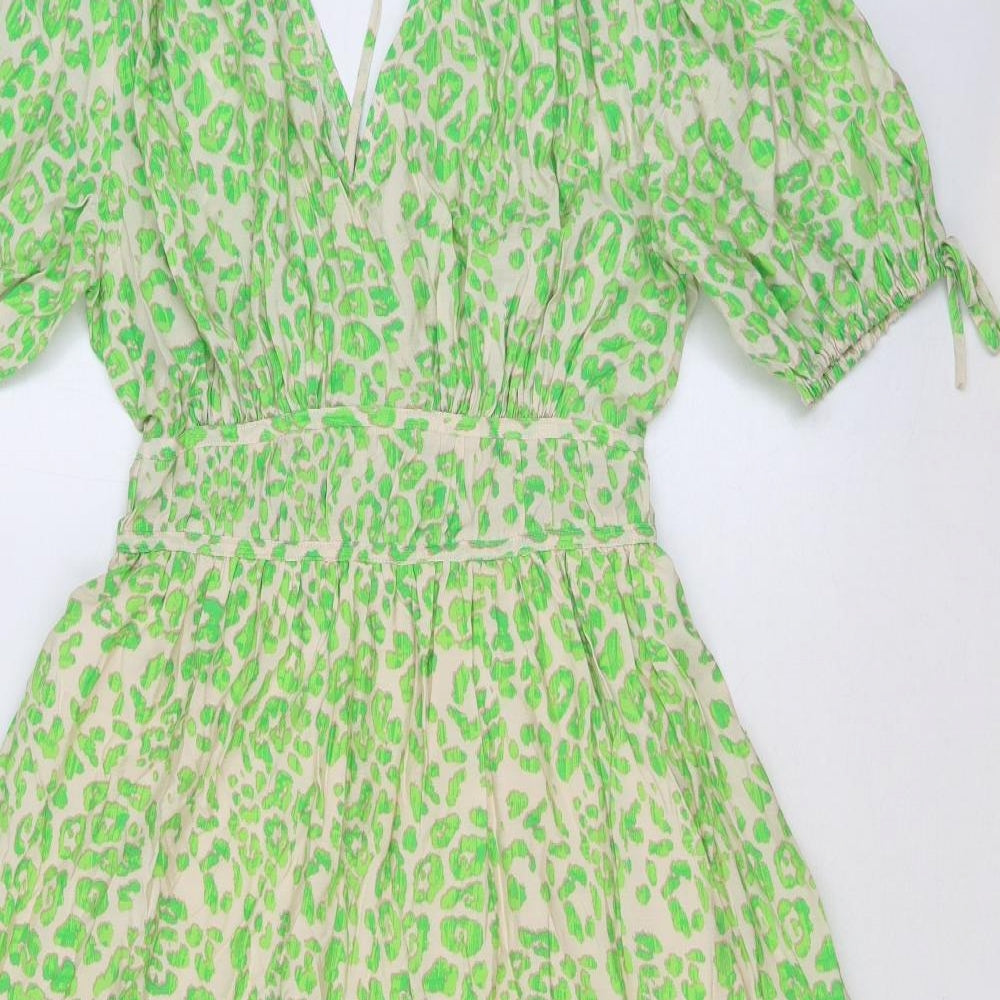 Marks and Spencer Womens Green Animal Print Viscose Maxi Size 8 V-Neck Tie