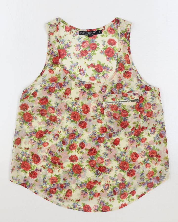 Topshop Womens Ivory Floral Polyester Basic Tank Size 6 Scoop Neck