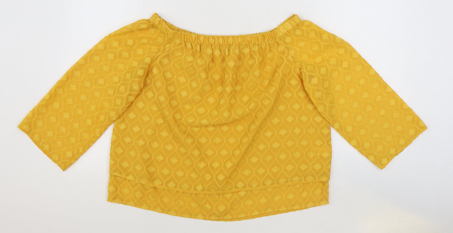TU Womens Yellow Geometric Polyester Basic Blouse Size 12 Boat Neck