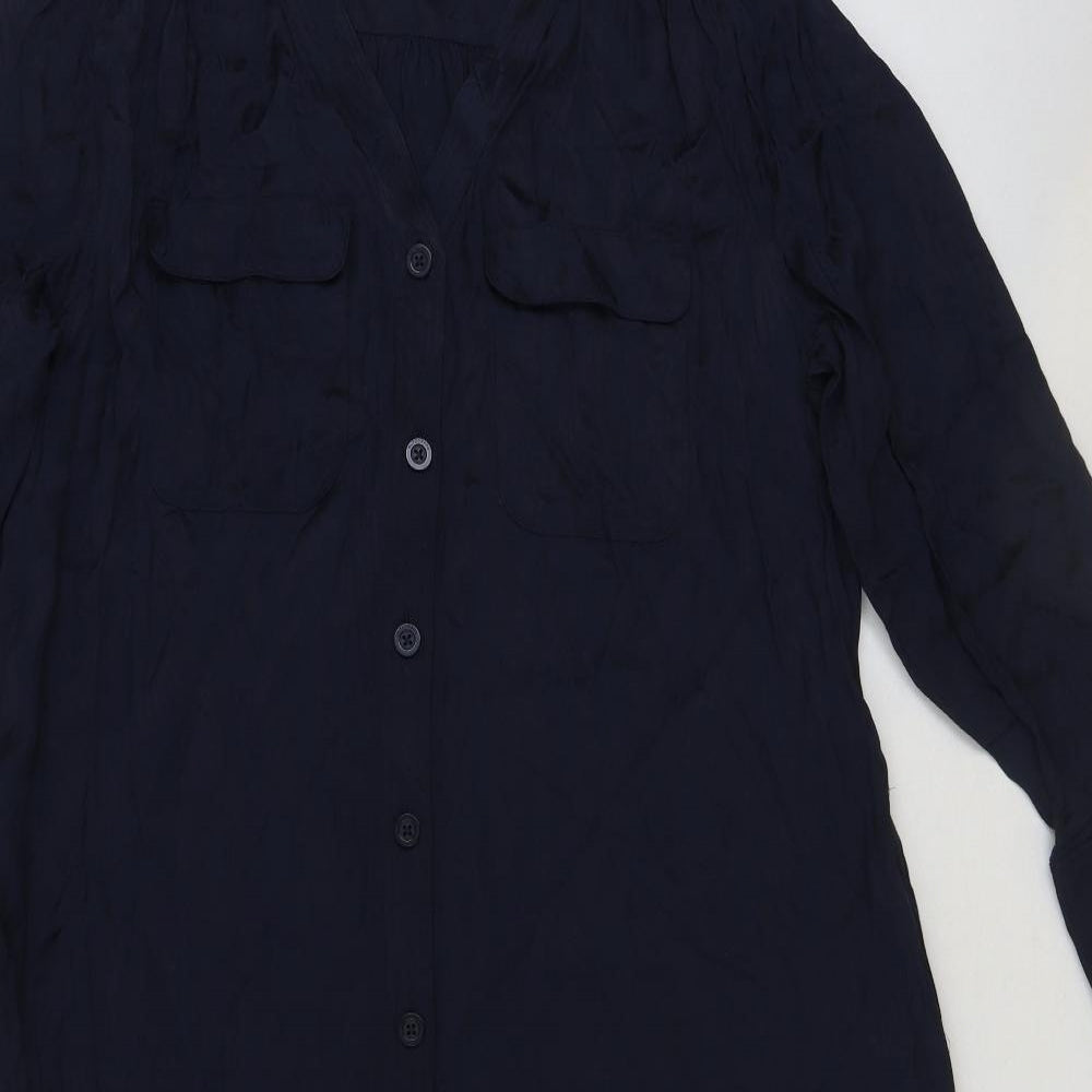 Marks and Spencer Womens Blue Viscose Shirt Dress Size 14 V-Neck Button