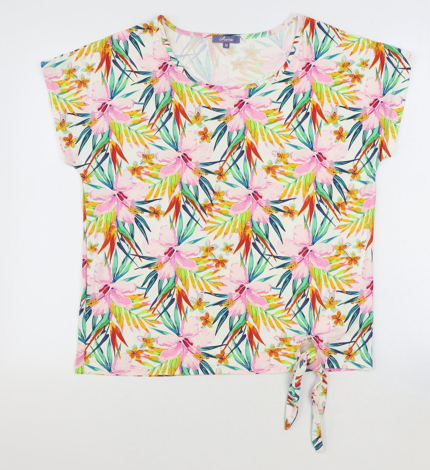 AURA Womens Multicoloured Floral Polyester Basic T-Shirt Size M Scoop Neck - Tie Front