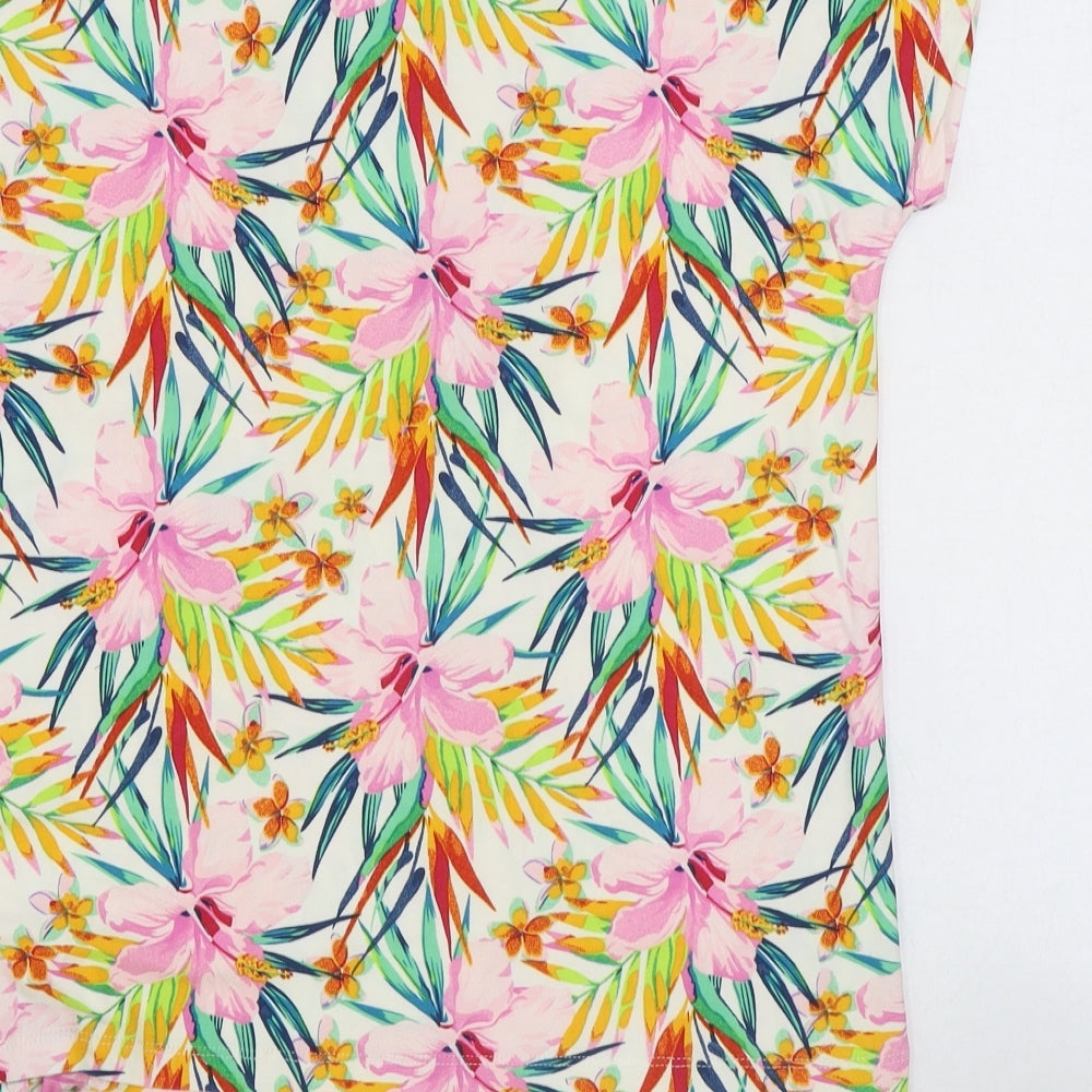 AURA Womens Multicoloured Floral Polyester Basic T-Shirt Size M Scoop Neck - Tie Front