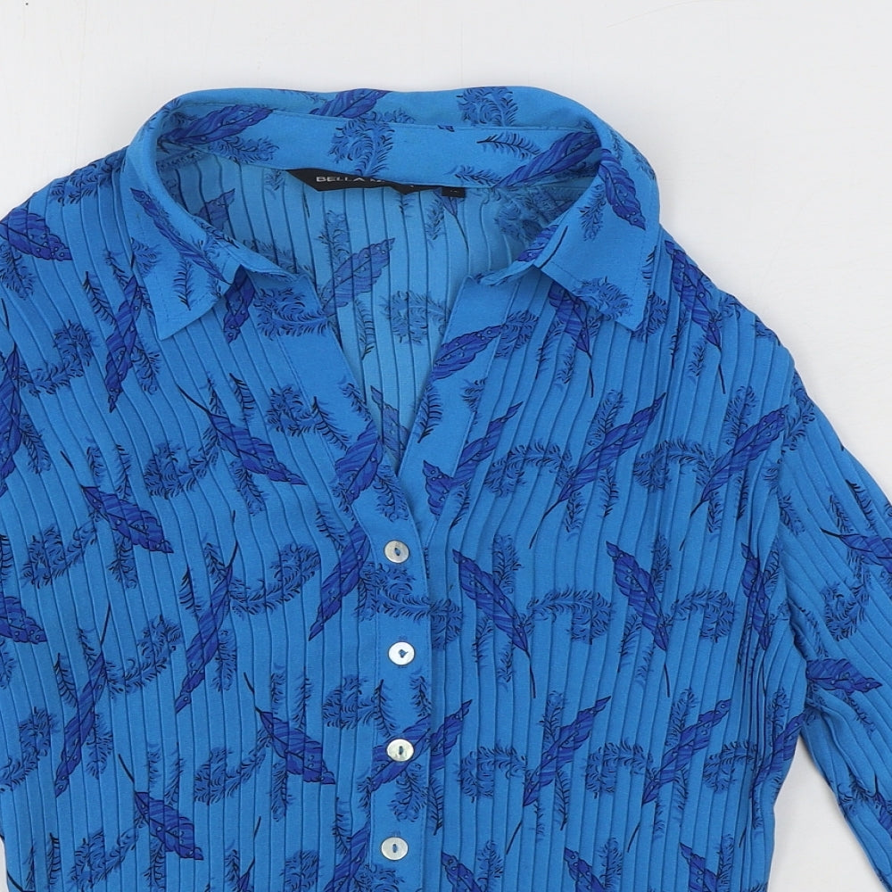 Bella Moda Womens Blue Geometric Polyester Basic Button-Up Size 12 Collared - Ribbed