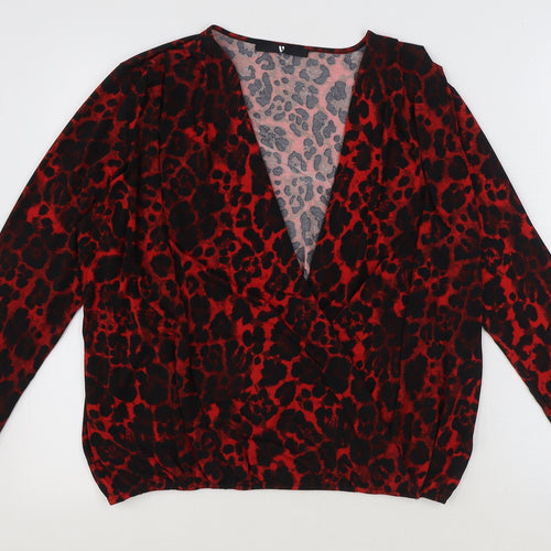 V By Very Womens Red Animal Print Polyester Basic Blouse Size 14 V-Neck