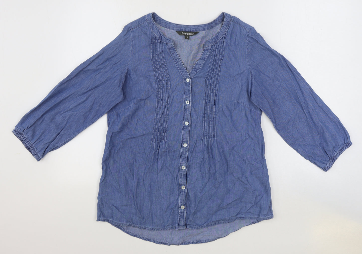 Bonmarché Womens Blue 100% Cotton Basic Button-Up Size 10 V-Neck