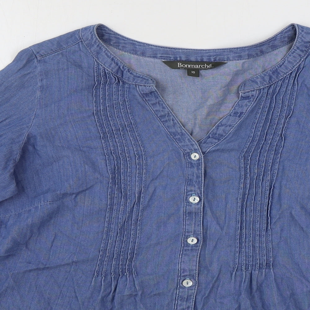 Bonmarché Womens Blue 100% Cotton Basic Button-Up Size 10 V-Neck