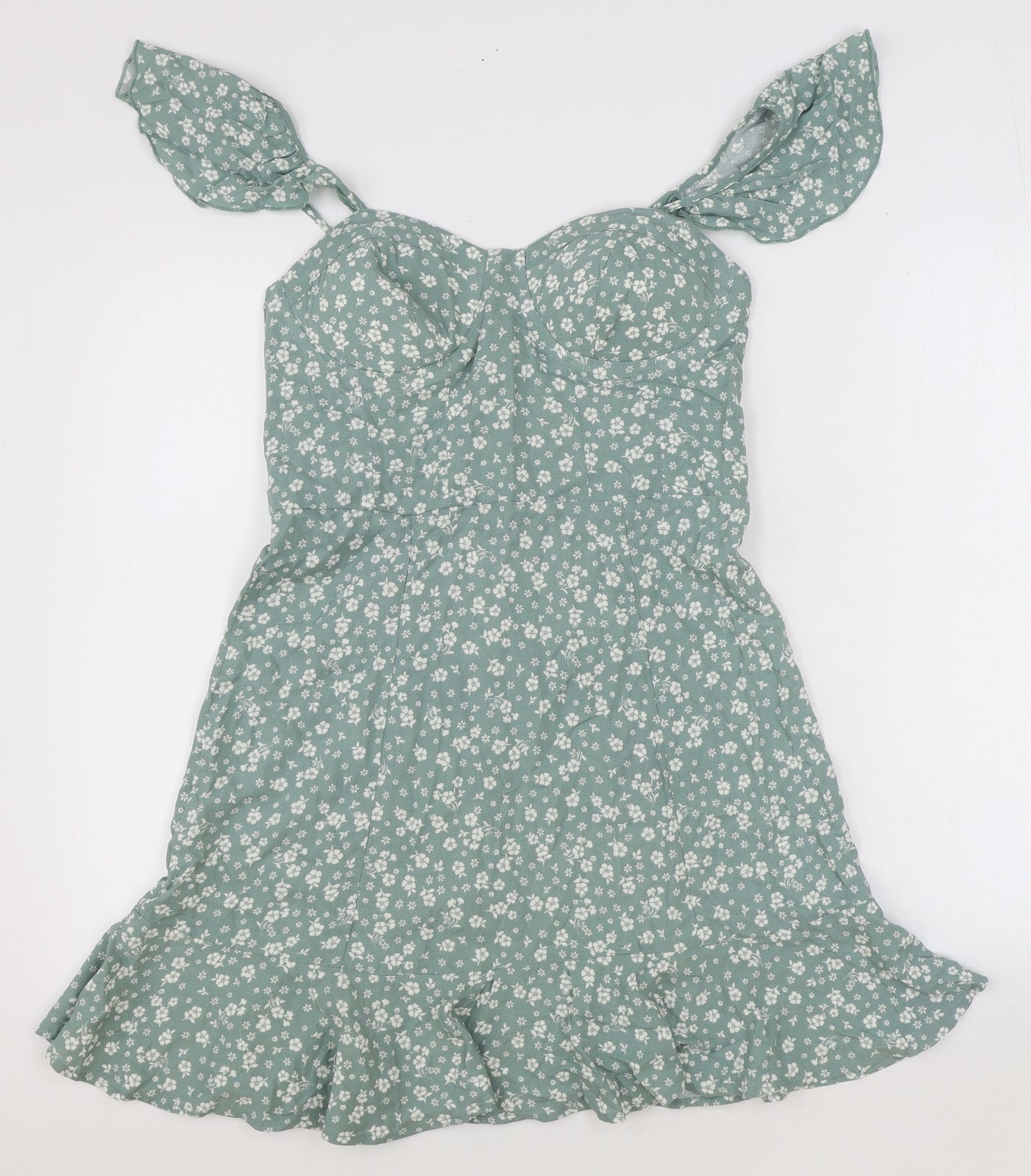 New Look Womens Green Floral Viscose Mini Size 12 Sweetheart Pullover - Shirred Back