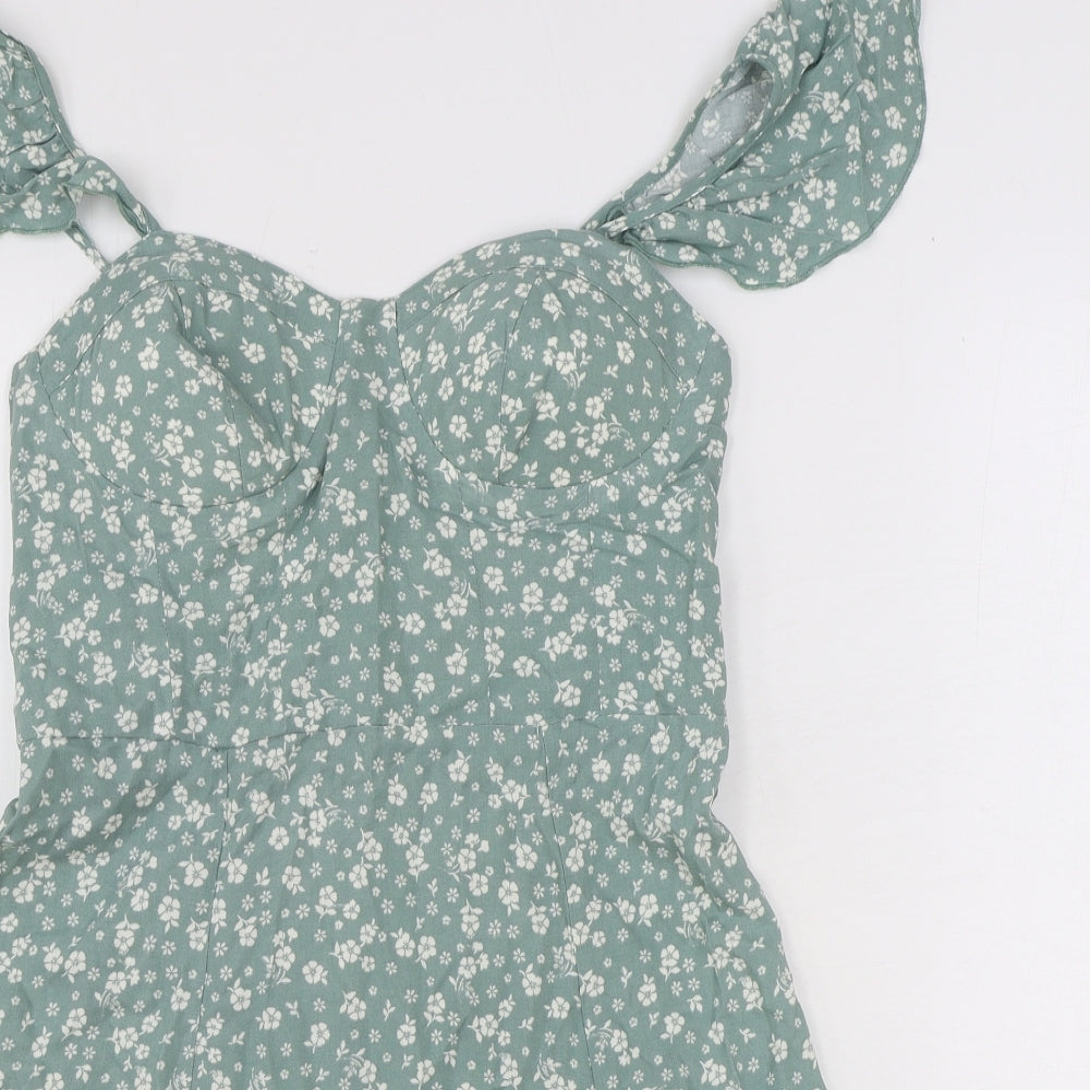 New Look Womens Green Floral Viscose Mini Size 12 Sweetheart Pullover - Shirred Back
