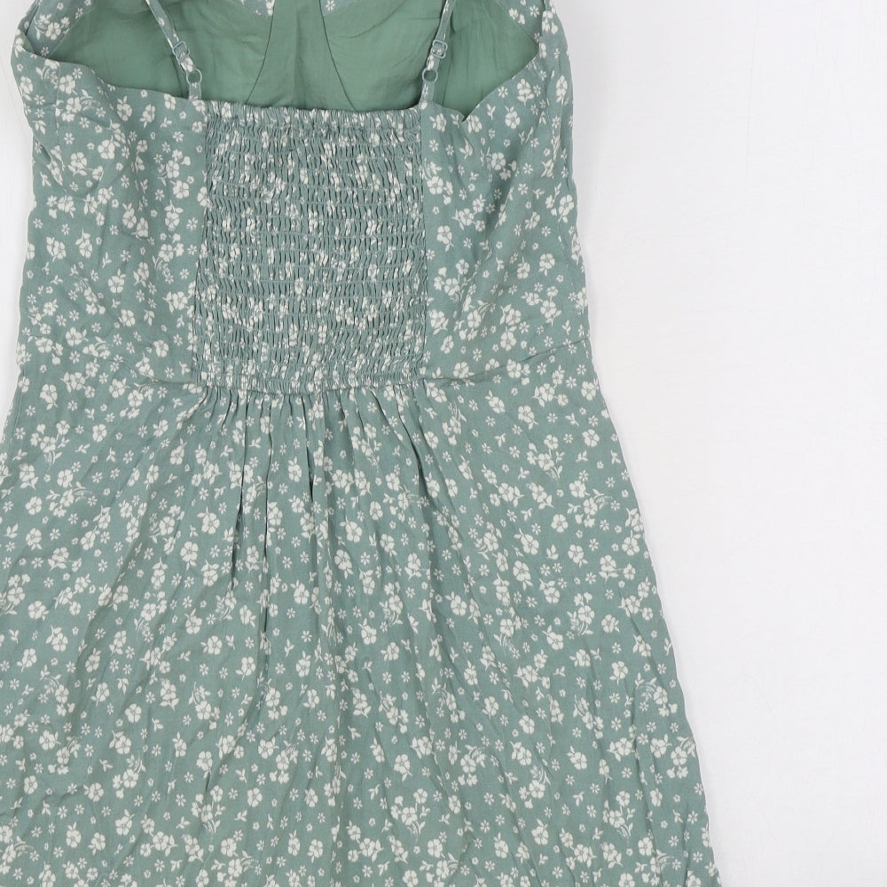 New Look Womens Green Floral Viscose Mini Size 12 Sweetheart Pullover - Shirred Back