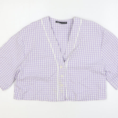 Zara Womens Purple Geometric Cotton Cropped Blouse Size S V-Neck