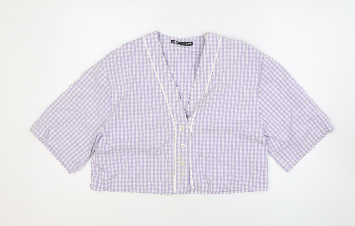 Zara Womens Purple Geometric Cotton Cropped Blouse Size S V-Neck
