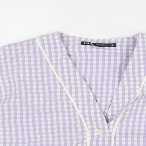 Zara Womens Purple Geometric Cotton Cropped Blouse Size S V-Neck